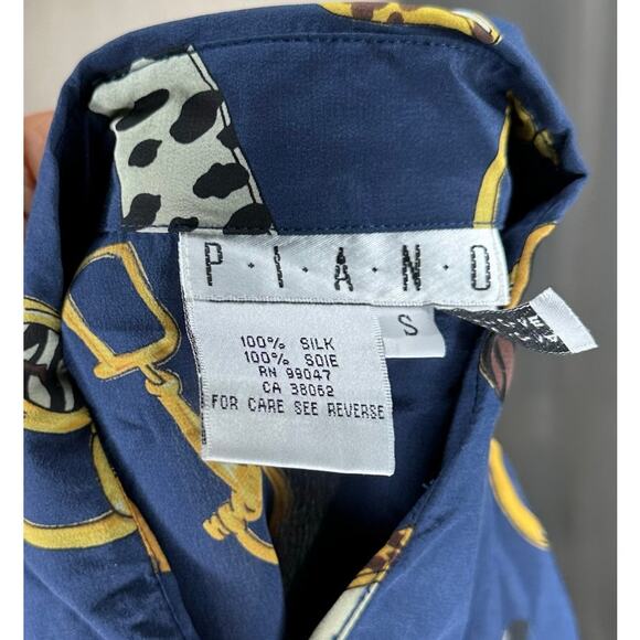 PIANO Vintage Blue Silk Patterned Long Sleeve Blouse Buckle Purse Fashion Small - Picture 6 of 6